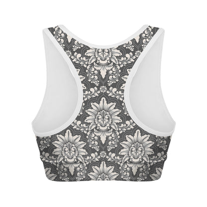 Grey Damask Pattern Print Women's Sports Bra
