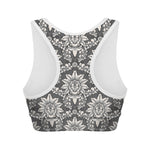Grey Damask Pattern Print Women's Sports Bra