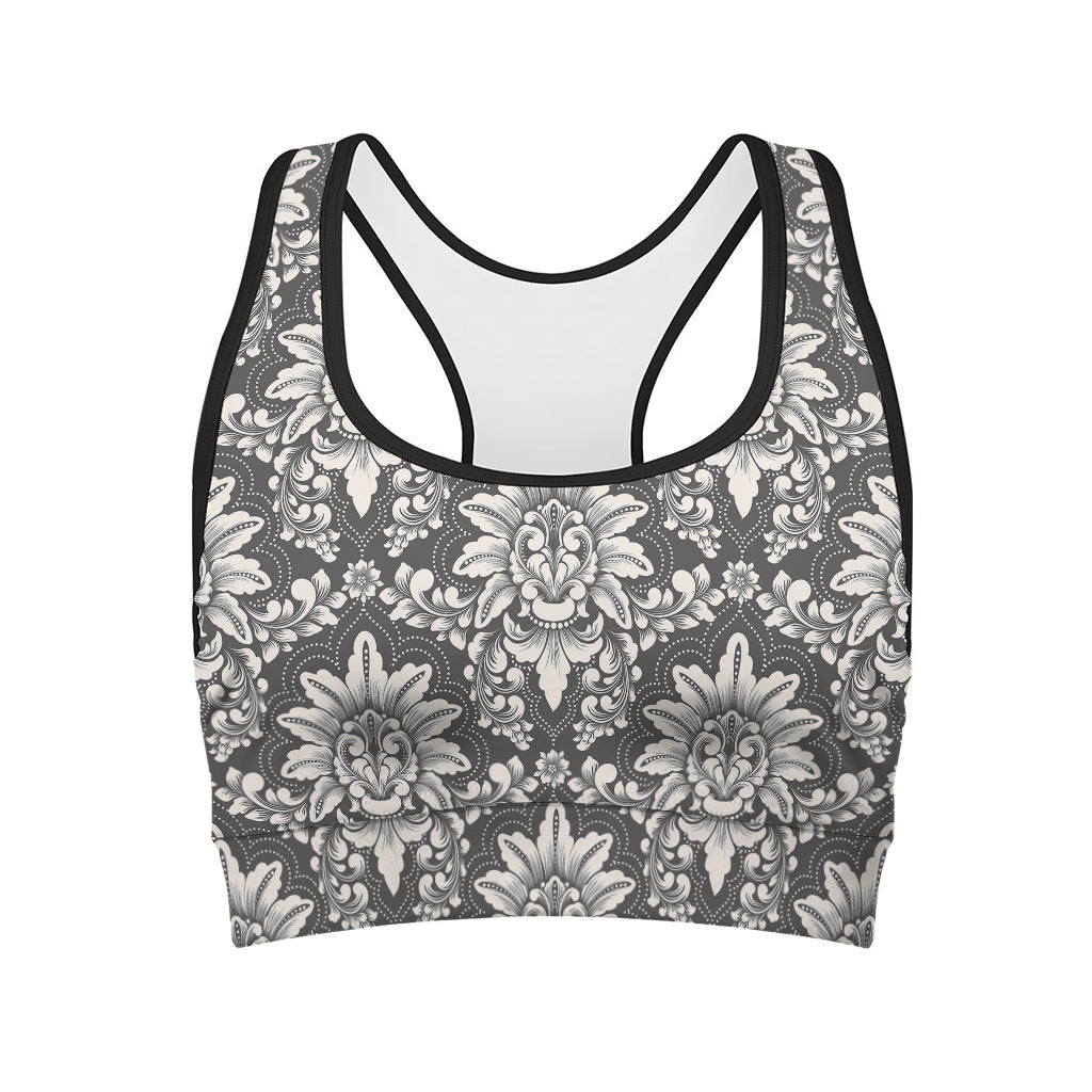 Grey Damask Pattern Print Women's Sports Bra