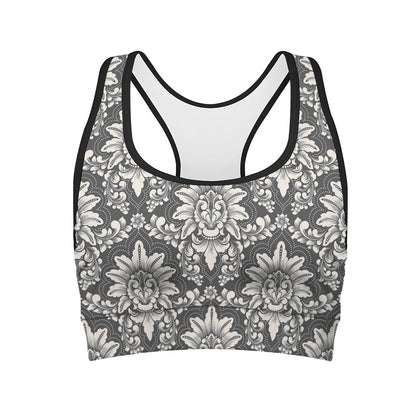 Grey Damask Pattern Print Women's Sports Bra