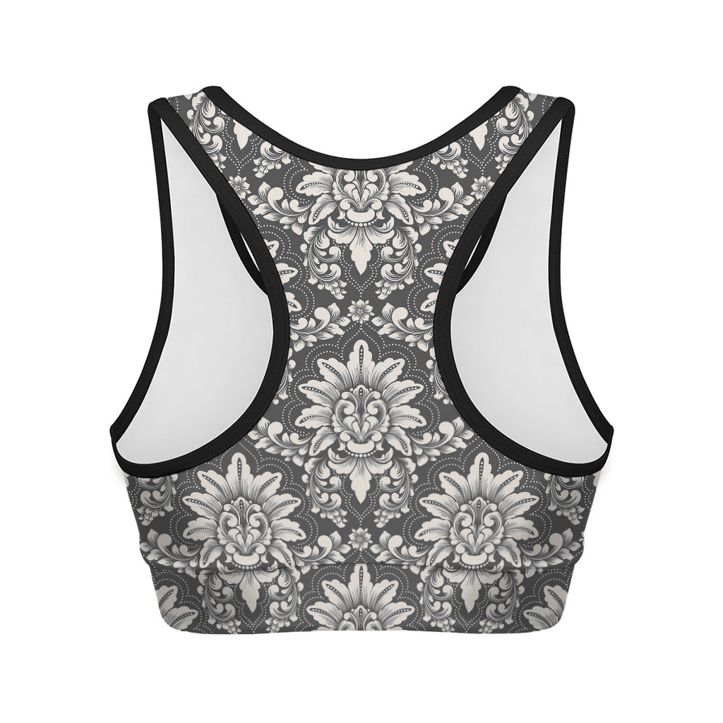 Grey Damask Pattern Print Women's Sports Bra