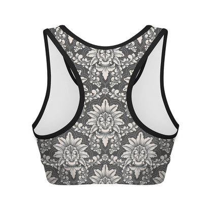 Grey Damask Pattern Print Women's Sports Bra