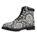 Grey Damask Pattern Print Padded Collar Lace Up Boots
