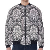 Grey Damask Pattern Print Zip Sleeve Bomber Jacket