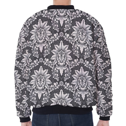 Grey Damask Pattern Print Zip Sleeve Bomber Jacket