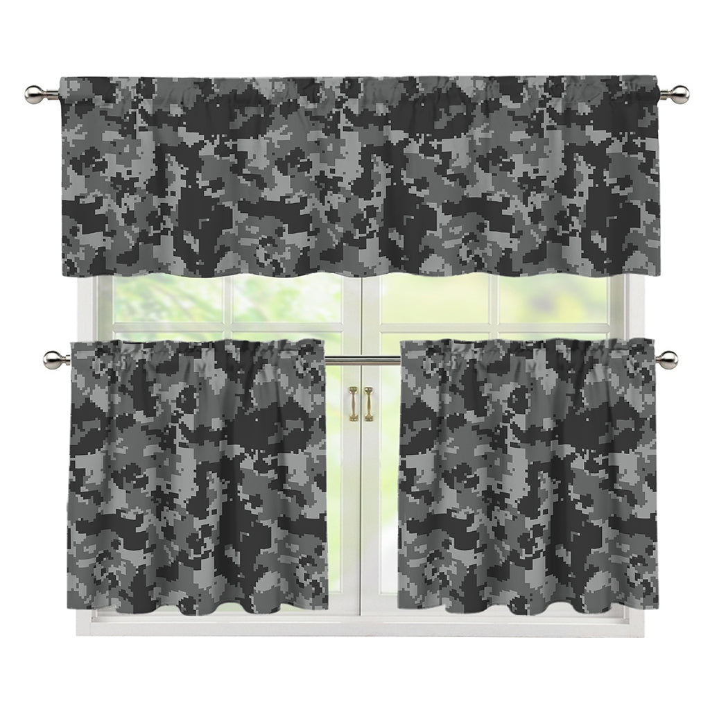 Grey Digital Camo Pattern Print 3 Piece Kitchen Curtains