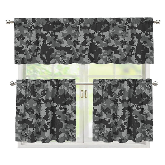 Grey Digital Camo Pattern Print 3 Piece Kitchen Curtains