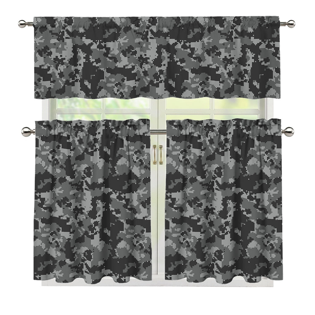 Grey Digital Camo Pattern Print 3 Piece Kitchen Curtains