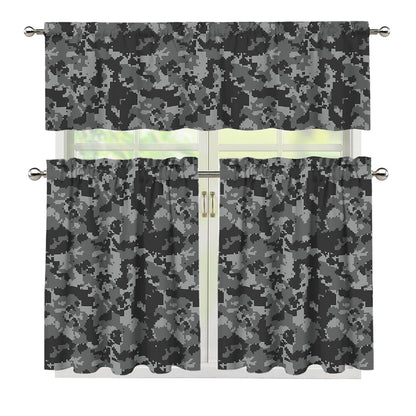 Grey Digital Camo Pattern Print 3 Piece Kitchen Curtains