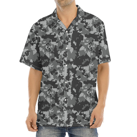 Grey Digital Camo Pattern Print Aloha Shirt