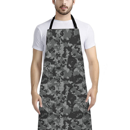 Grey Digital Camo Pattern Print Bib Apron With Pocket