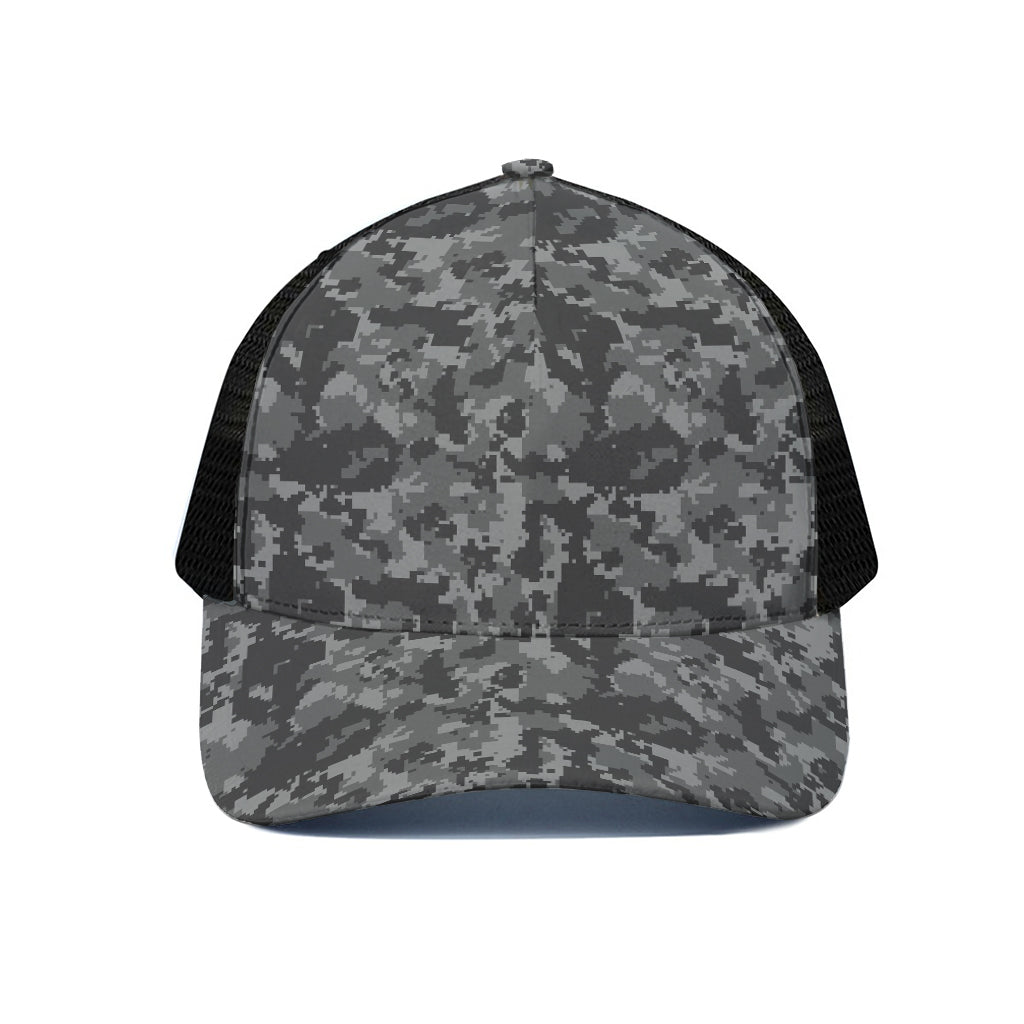 Grey Digital Camo Pattern Print Black Mesh Trucker Cap