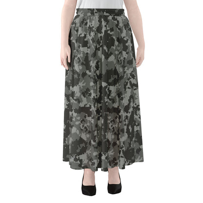Grey Digital Camo Pattern Print Chiffon Maxi Skirt