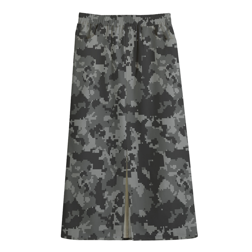 Grey Digital Camo Pattern Print Cotton Front Slit Maxi Skirt