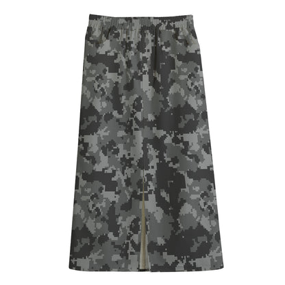 Grey Digital Camo Pattern Print Cotton Front Slit Maxi Skirt