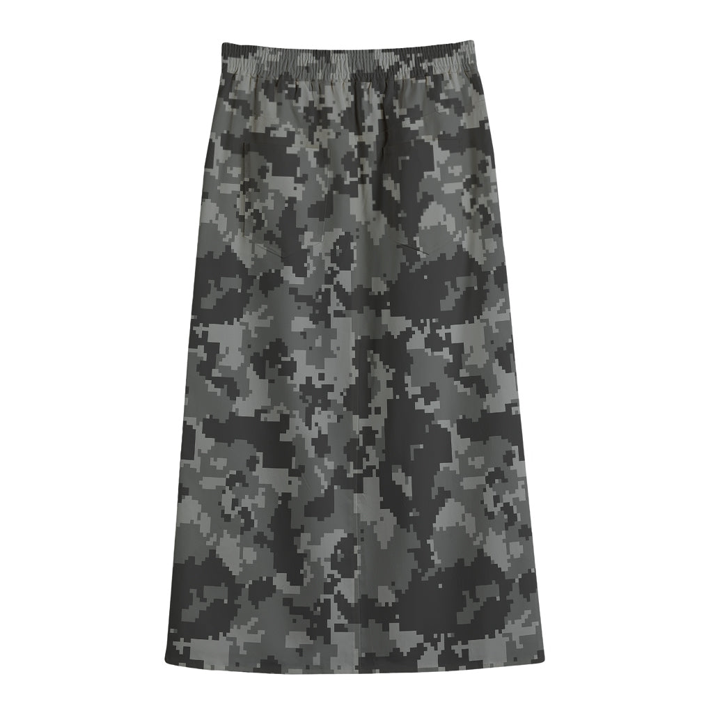 Grey Digital Camo Pattern Print Cotton Front Slit Maxi Skirt