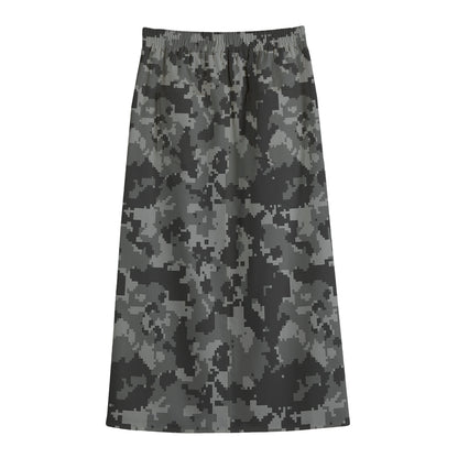 Grey Digital Camo Pattern Print Cotton Front Slit Maxi Skirt