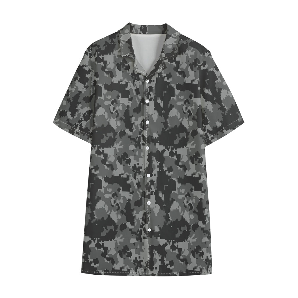 Grey Digital Camo Pattern Print Cotton Hawaiian Shirt