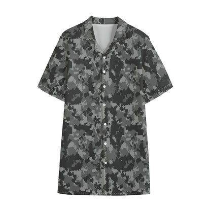 Grey Digital Camo Pattern Print Cotton Hawaiian Shirt