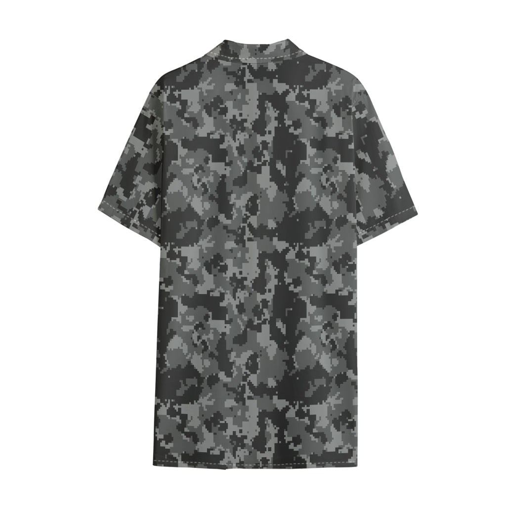 Grey Digital Camo Pattern Print Cotton Hawaiian Shirt