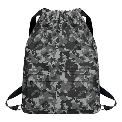 Grey Digital Camo Pattern Print Drawstring Backpack