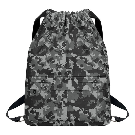 Grey Digital Camo Pattern Print Drawstring Backpack