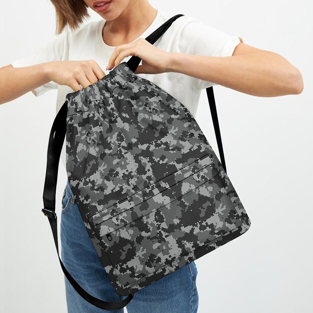Grey Digital Camo Pattern Print Drawstring Backpack