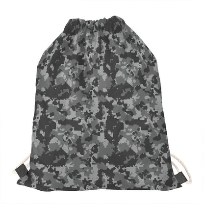 Grey Digital Camo Pattern Print Drawstring Bag