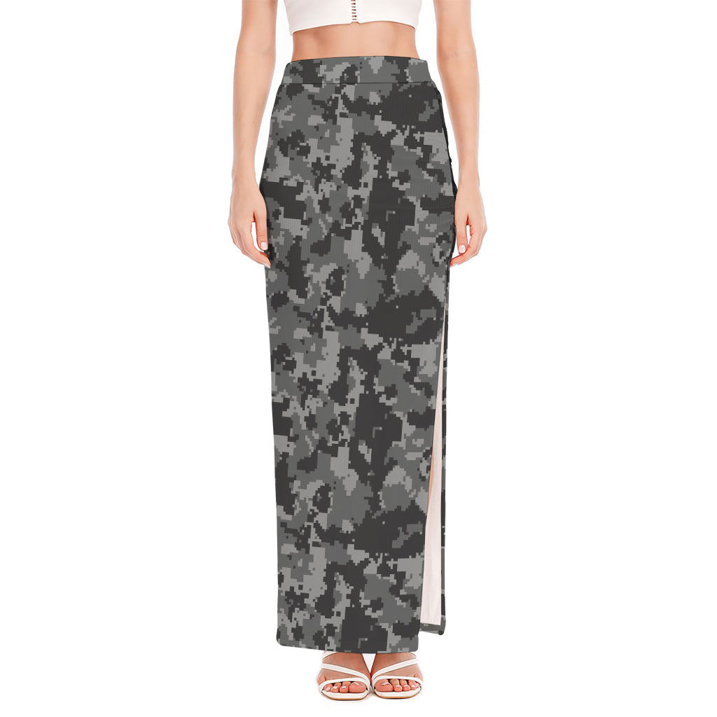 Grey Digital Camo Pattern Print High Slit Maxi Skirt