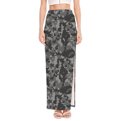 Grey Digital Camo Pattern Print High Slit Maxi Skirt