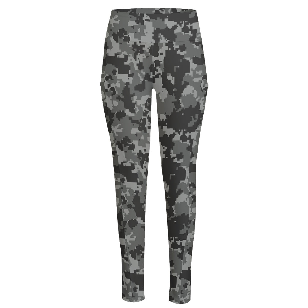 Grey Digital Camo Pattern Print High-Waisted Pocket Leggings