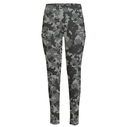 Grey Digital Camo Pattern Print High-Waisted Pocket Leggings