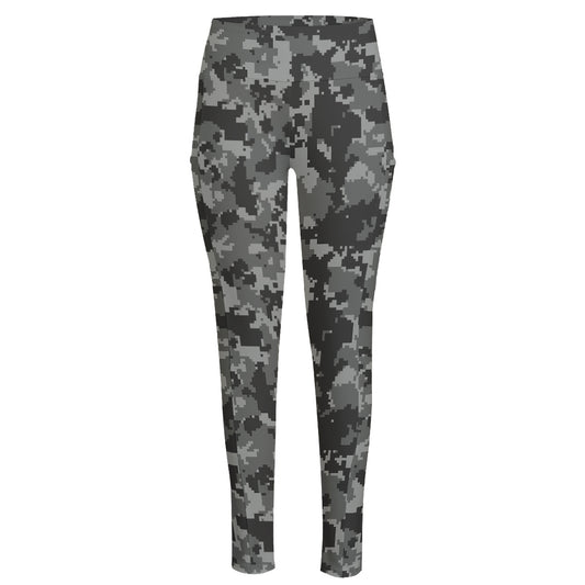 Grey Digital Camo Pattern Print High-Waisted Pocket Leggings