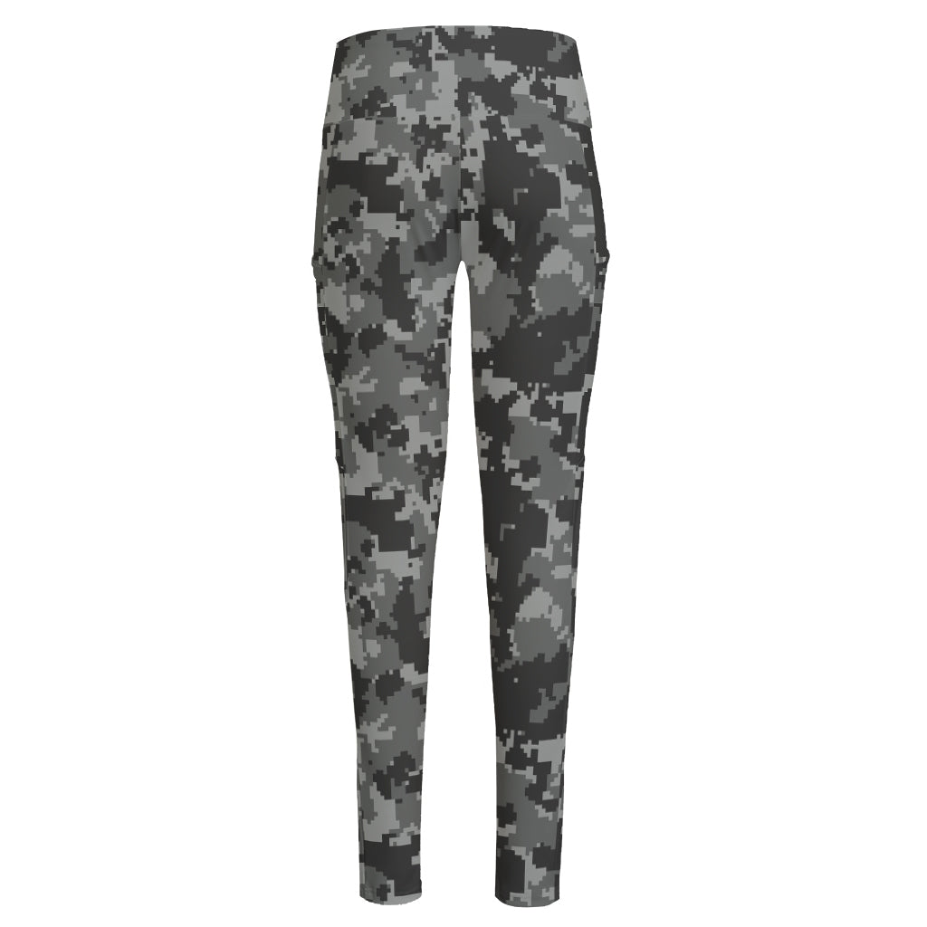 Grey Digital Camo Pattern Print High-Waisted Pocket Leggings