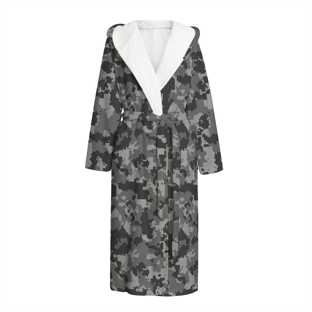 Grey Digital Camo Pattern Print Hooded Bathrobe