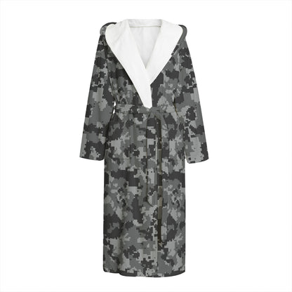 Grey Digital Camo Pattern Print Hooded Bathrobe