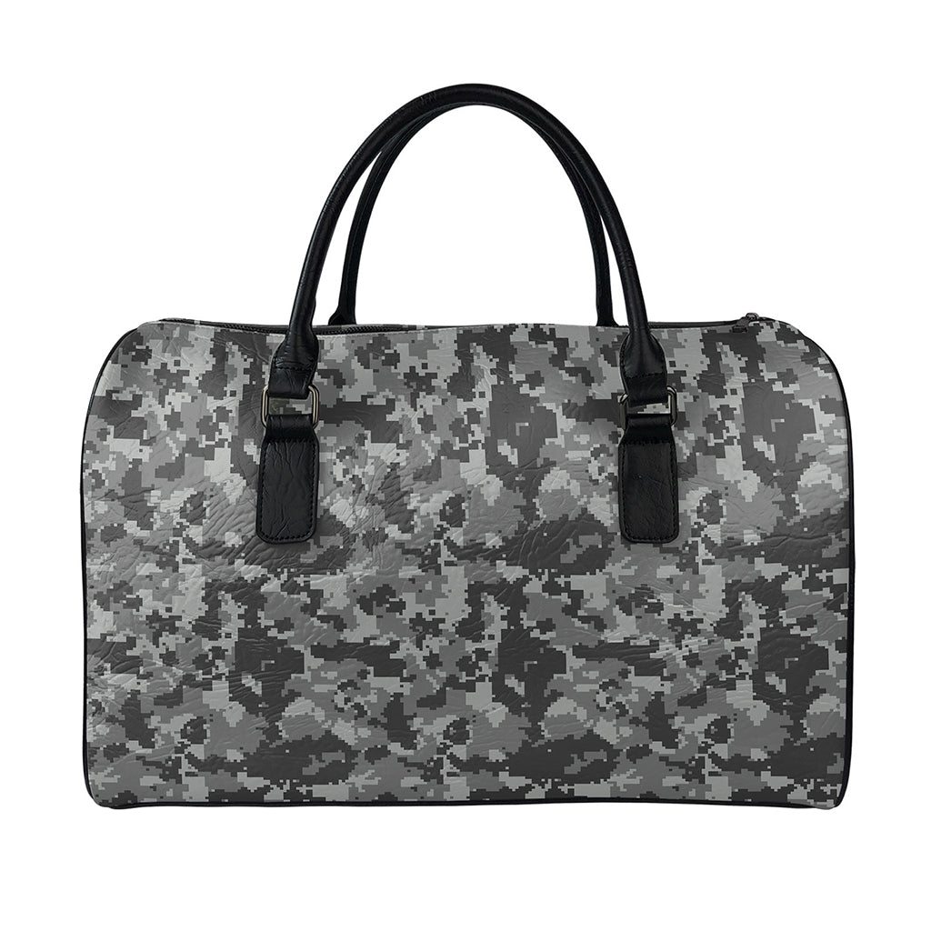 Grey Digital Camo Pattern Print Leather Duffle Bag