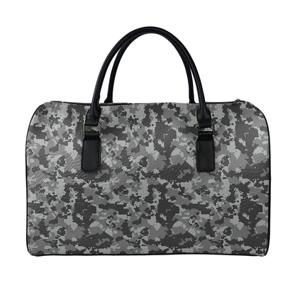 Grey Digital Camo Pattern Print Leather Duffle Bag