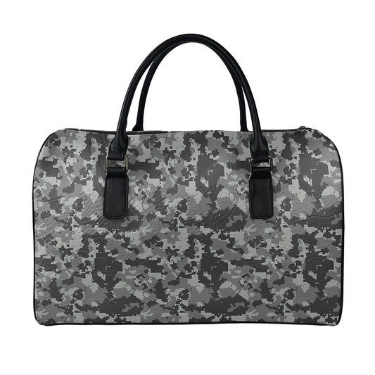 Grey Digital Camo Pattern Print Leather Duffle Bag