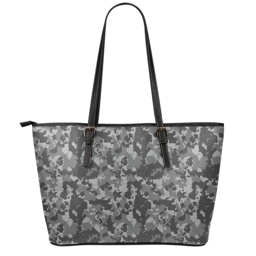 Grey Digital Camo Pattern Print Leather Tote Bag
