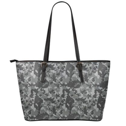 Grey Digital Camo Pattern Print Leather Tote Bag