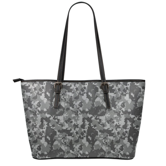 Grey Digital Camo Pattern Print Leather Tote Bag
