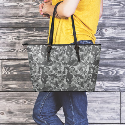 Grey Digital Camo Pattern Print Leather Tote Bag