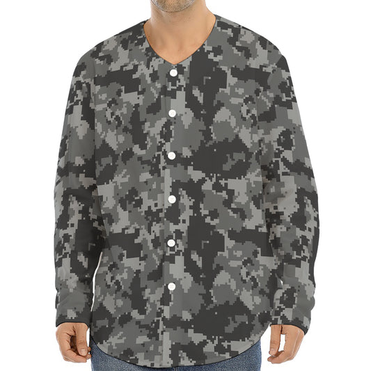 Grey Digital Camo Pattern Print Long Sleeve Baseball Jersey