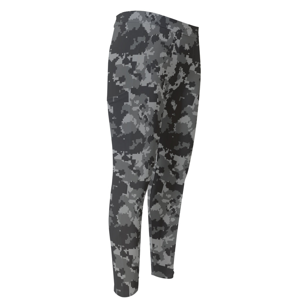 Grey Digital Camo Pattern Print Men's Compression Pants