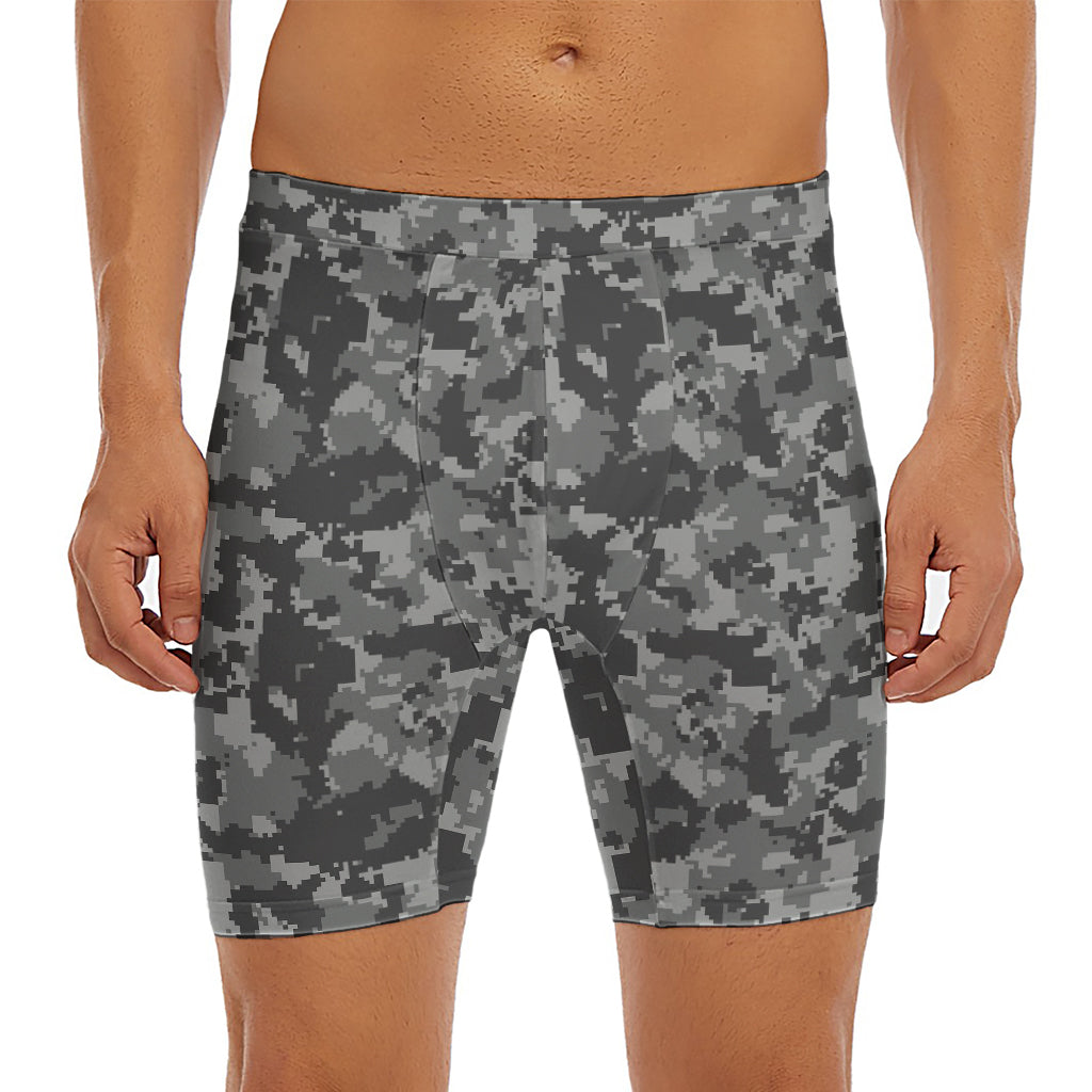 Grey Digital Camo Pattern Print Men's Long Boxer Briefs