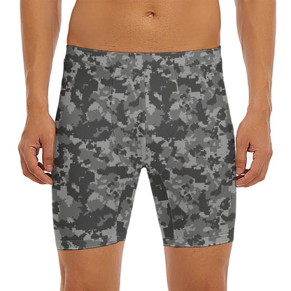 Grey Digital Camo Pattern Print Men's Long Boxer Briefs