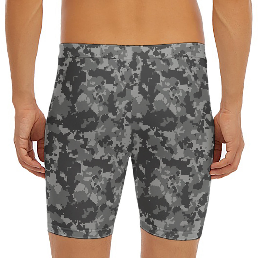 Grey Digital Camo Pattern Print Men's Long Boxer Briefs