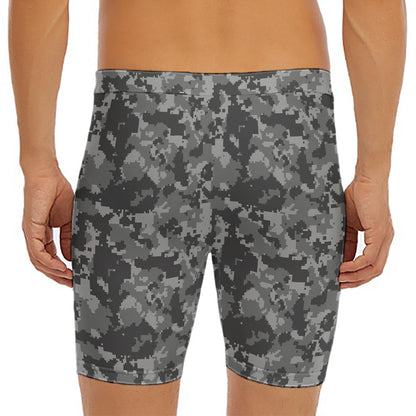 Grey Digital Camo Pattern Print Men's Long Boxer Briefs