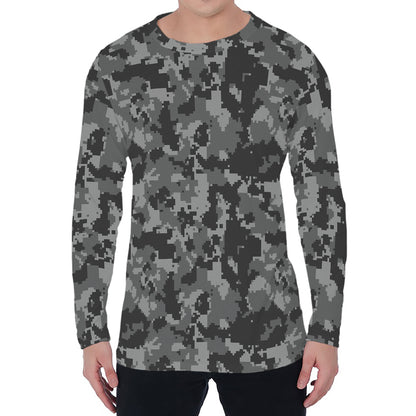 Grey Digital Camo Pattern Print Men's Long Sleeve T-Shirt